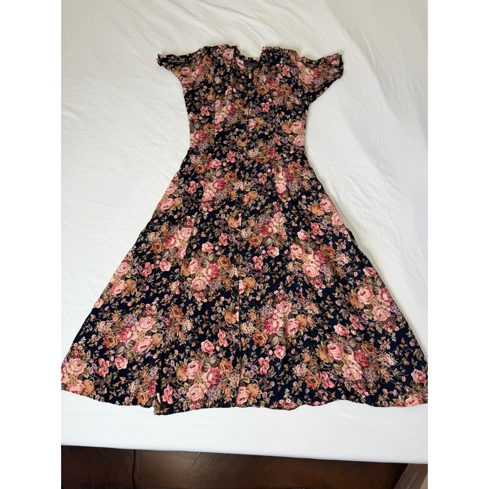 Starina Maxi Dress Medium Floral Button Front Short Sleeve Rayon Cottagecore - Picture 12 of 16